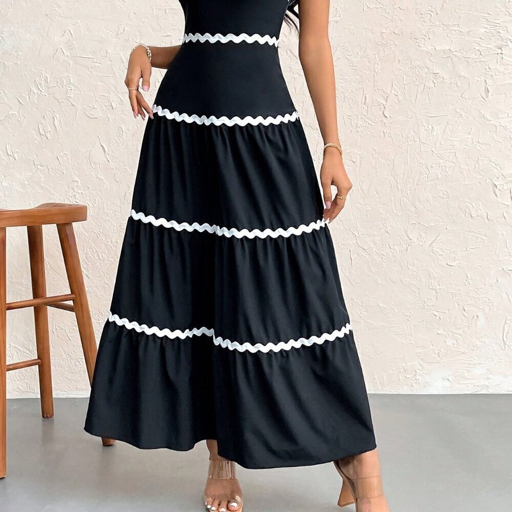 Black And White Sexy Women's Colorblock Spaghetti Strap A-Line Dress - Picture 6 of 7